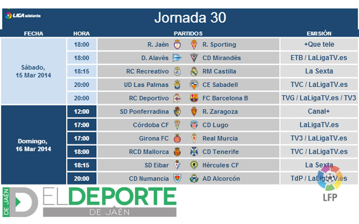 Horarios de Real Jaén para las jornadas 29 y 30