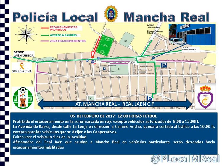 La Policía Local de Mancha Real comunica las pautas de estacionamiento para el día del derbi