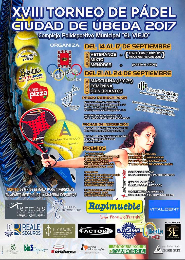 Úbeda celebrará su XVIII Torneo de Pádel del 14 al 24 de septiembre