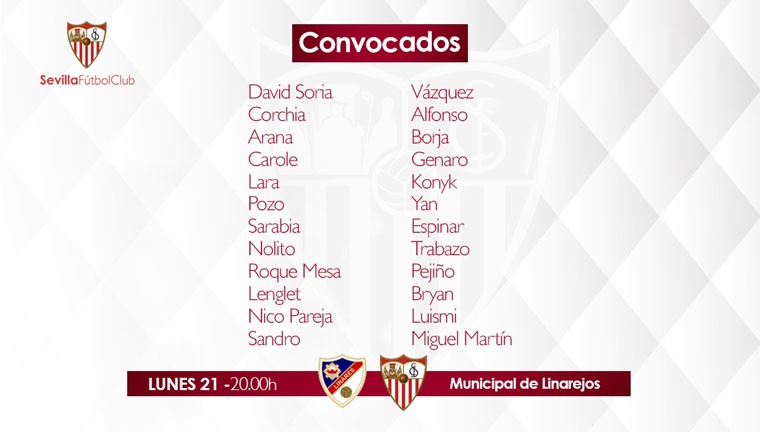 El Sevilla FC anuncia la lista de convocados para el amistoso en Linarejos